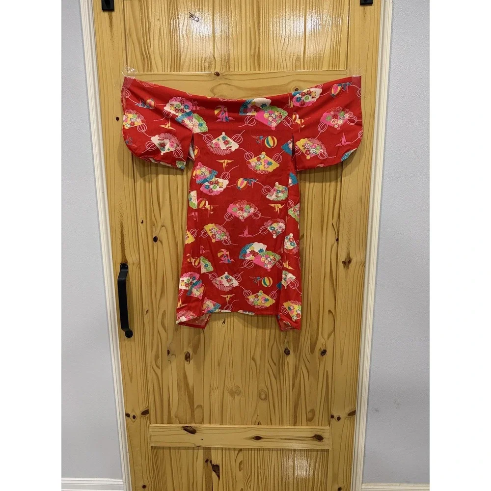Kimono Kaftan Dress Girls 3-4 Years Red Floral V Neck Short Sleeve Japanese‎